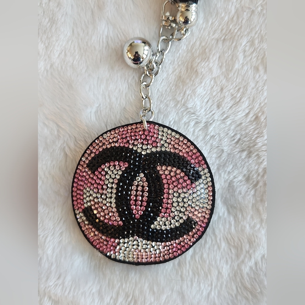 Pink and Silver Rhinestone Logo Keychain Bag Charm - Picture 2 of 3